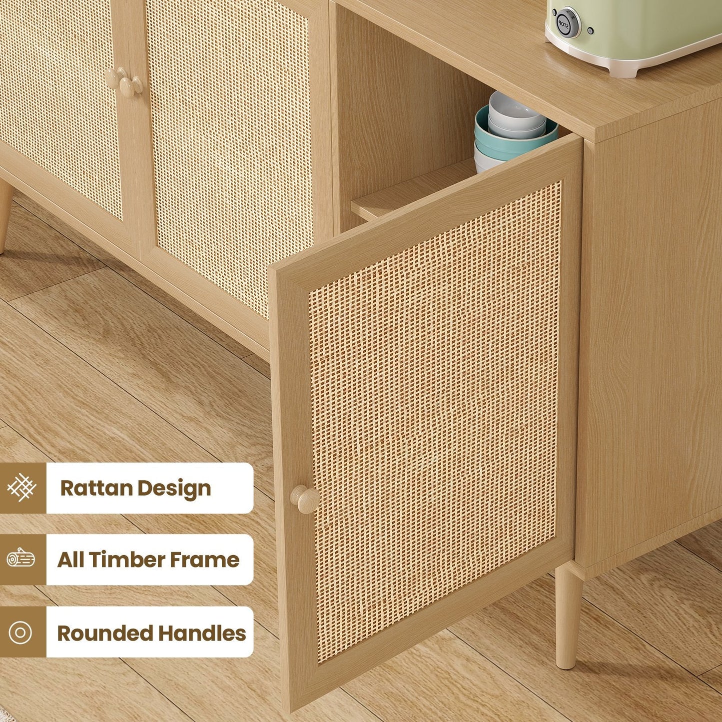 Farini Sideboard Buffet Cabinet with 3 Rattan Doors, Kitchen Storage Cabinet, Modern Console Cabinet ,Bar Cabinet for Entryway Living Room(Nature)