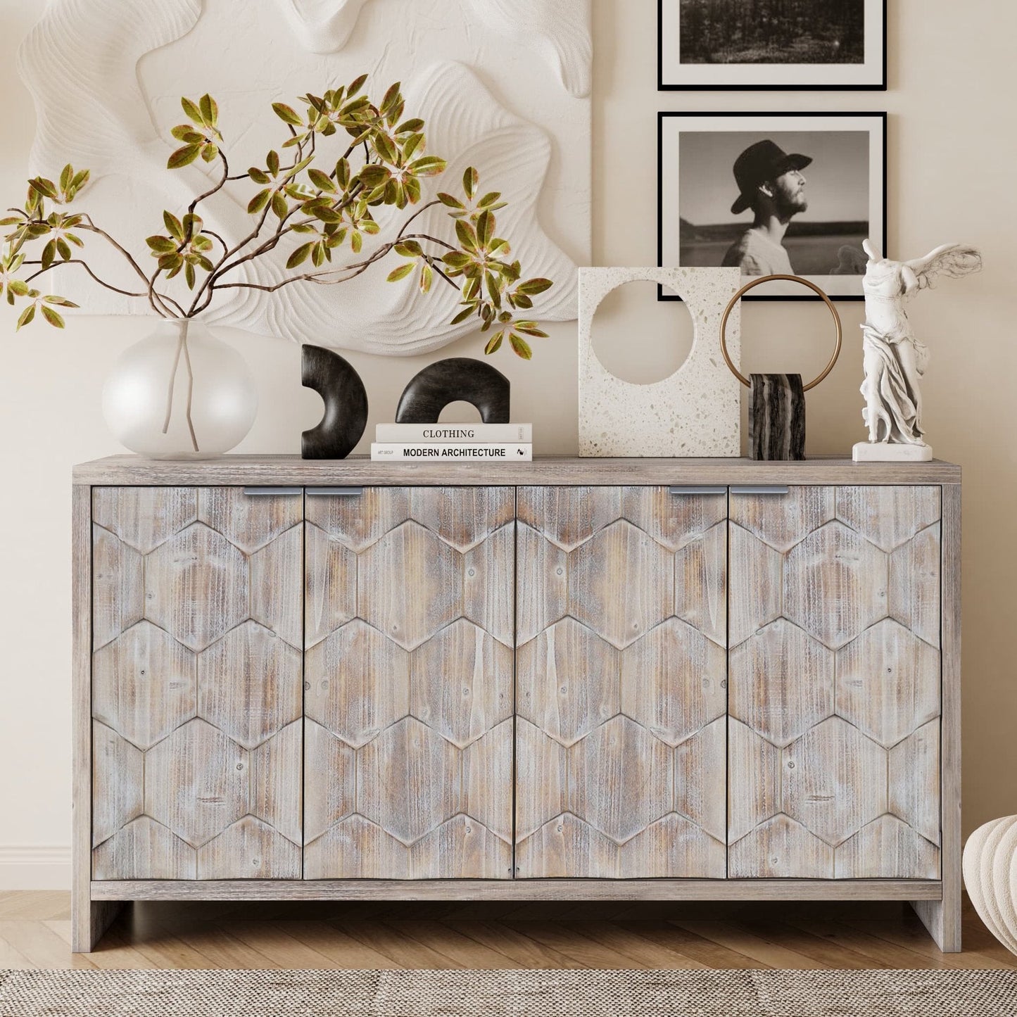 Accent Cabinet Farmhouse Style 4 Door Wooden Cabinet Sideboard Buffet Server Cabinet Storage Cabinet, for Living Room, Entryway, Hallway, Office, Kitchen and Dining Room