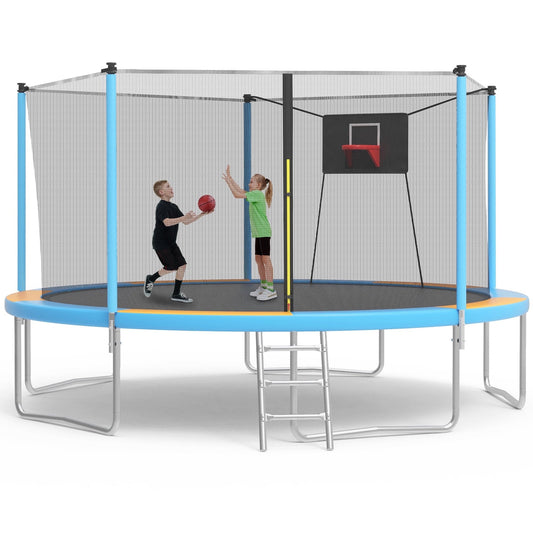 SHINPT 14ft Trampoline for Kids, Outdoor Trampoline with Net, Big Trampoline with Basketball Hoop and Ladder, Heavy Duty Trampoline with No gap Design, Backyard Trampolines for Adult
