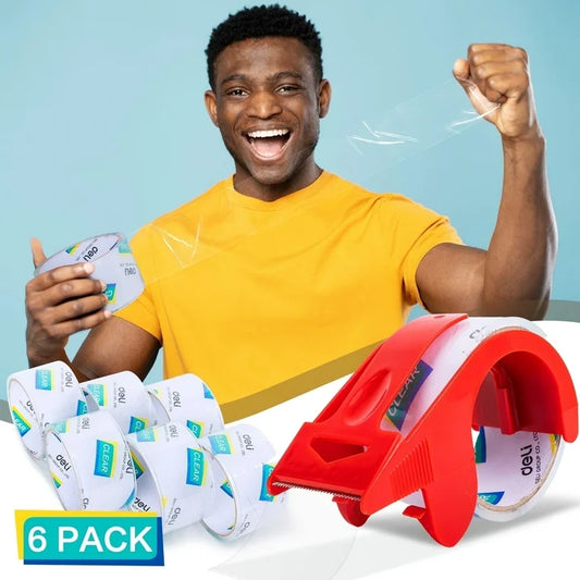 Deli Long Lasting Storage Packaging Tape with Dispenser, 1.88 in x22 yd, 6 Rolls Clear Acrylic Max Strength Shipping Tape