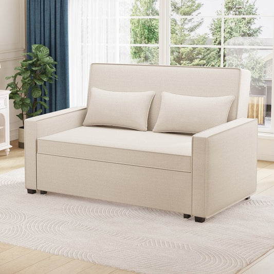 Convertible Sofa Bed, 53 Sleeper Sofa with Pull Out Bed, Loveseat Sofa Couch with Adjustable Backrest and 2 Pillows for Living Room, Apartment, Bedroom, Office, Beige