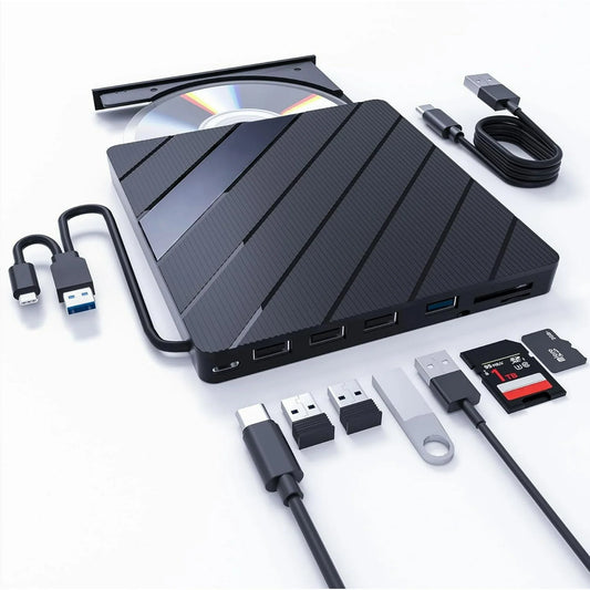 External CD/DVD Drive for Laptop, USB 3.0 Portable External CD Burner Reader Writer with 4 USB Ports/2 TF SD Card Slots/1 USB Type C Port, 8 in 1 Disc Drive for Laptop/PC/Mac/Windows/Linux/OS