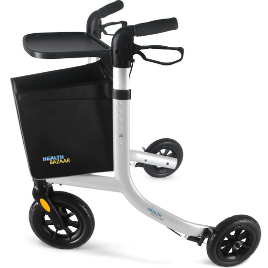 HEALTHBAZAAR 3 Wheels Rollator Walker,Foldable Walker with Detachable Tray and Storage Bag,Capacity 400IBS