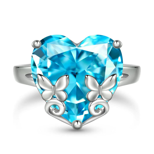 Juwaliy 9Ct Women Heart Ring 925 Sterling Silver Butterfly March Birthstone Aquamarine Blue Solitaire Ring Jewelry Birthday Gift for Mother