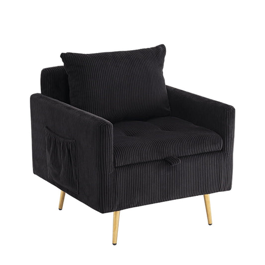 Modern Accent Chair, Single Sofa Armchair with Storage, 1 Pillow, Corduroy Fabric Arm Chair for Living Room, Black