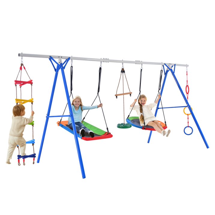 Sesslife TE779 5 in 1 Metal Swing Set with Seesaw, Slide, Horizontal Bar, A Frame for Kids