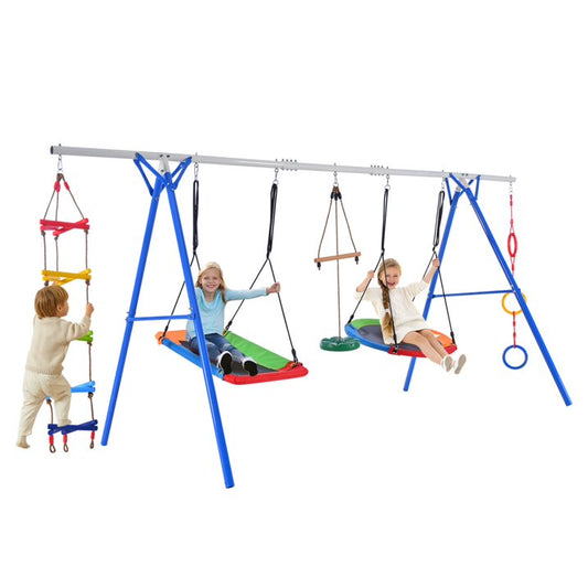 Sesslife TE779 5 in 1 Metal Swing Set with Seesaw, Slide, Horizontal Bar, A Frame for Kids