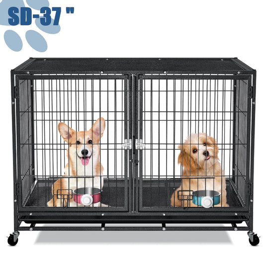 Suchown Heavy Duty Dog Crate  37 Inch Escape Proof Steel Cage for Small to Medium Dogs, Stackable Metal Kennel with Double Door, Lockable Wheels, Removable Tray  Feeding Bowls, Indoor/Outdoor Use