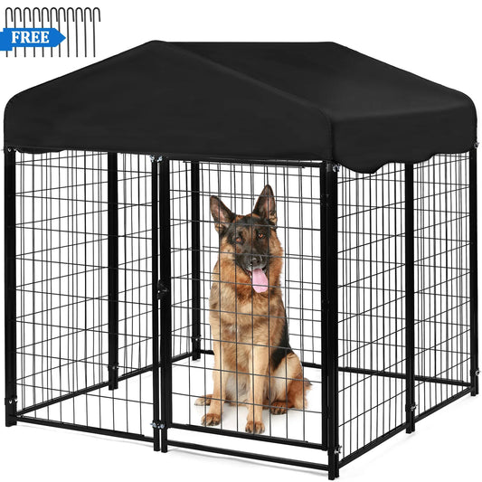 Suchown Outdoor Dog Kennel, 4ft  4.2ft  4.5ft Black Welded Wire Large Dog Playpen with UV Resistant Oxford Cloth Roof