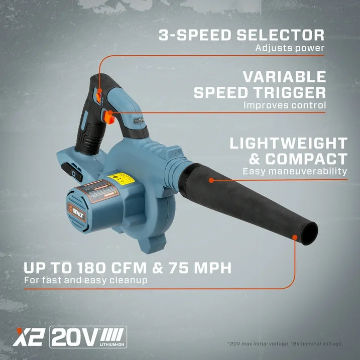 Senix 20V Cordless Jobsite Leaf Blower, 180 MPH at 75 CFM