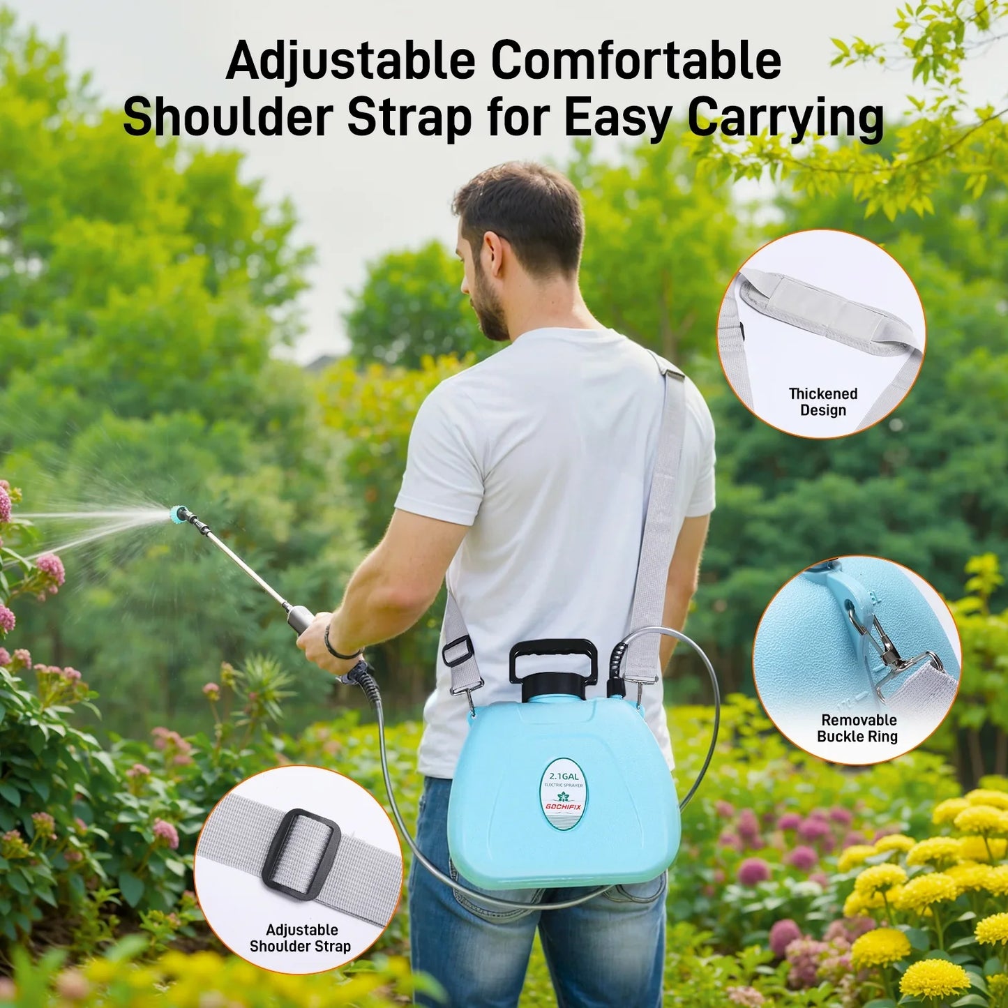 Garden Sprayer,ENJOYWOOD 2.11 Gallon/8L Electric Backpack Sprayer with 4 Mist Nozzles,6 Spray Modes,Retractable Wand Adjustable Shoulder Strap for Lawn, Garden, Yard,Blue