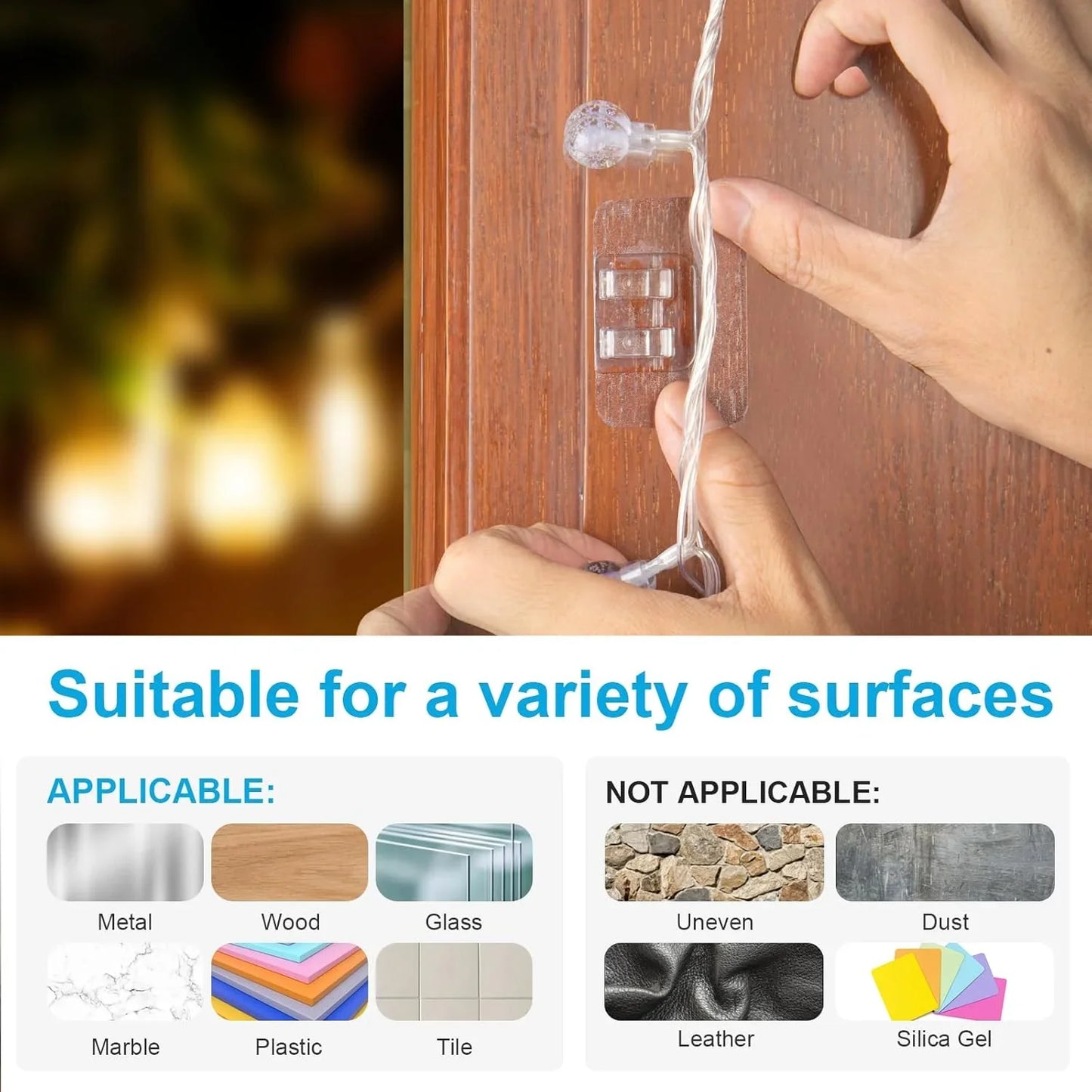 95Pcs Hooks for Outdoor String Lights Clips Christmas Light Gutter Hooks Clip Hangers for Outside Cable Clips with Waterproof Adhesive Strips Clear Sticky Cord Holders Rope Organizer