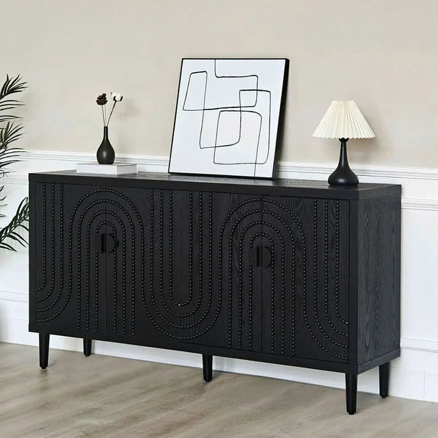 Wooden Storage Cabinet with 4 Doors, Modern Black Accent Cabinet, Free Standing Cabinet, Wooden Buffet Sideboards for Bedroom, Kitchen, Home Office