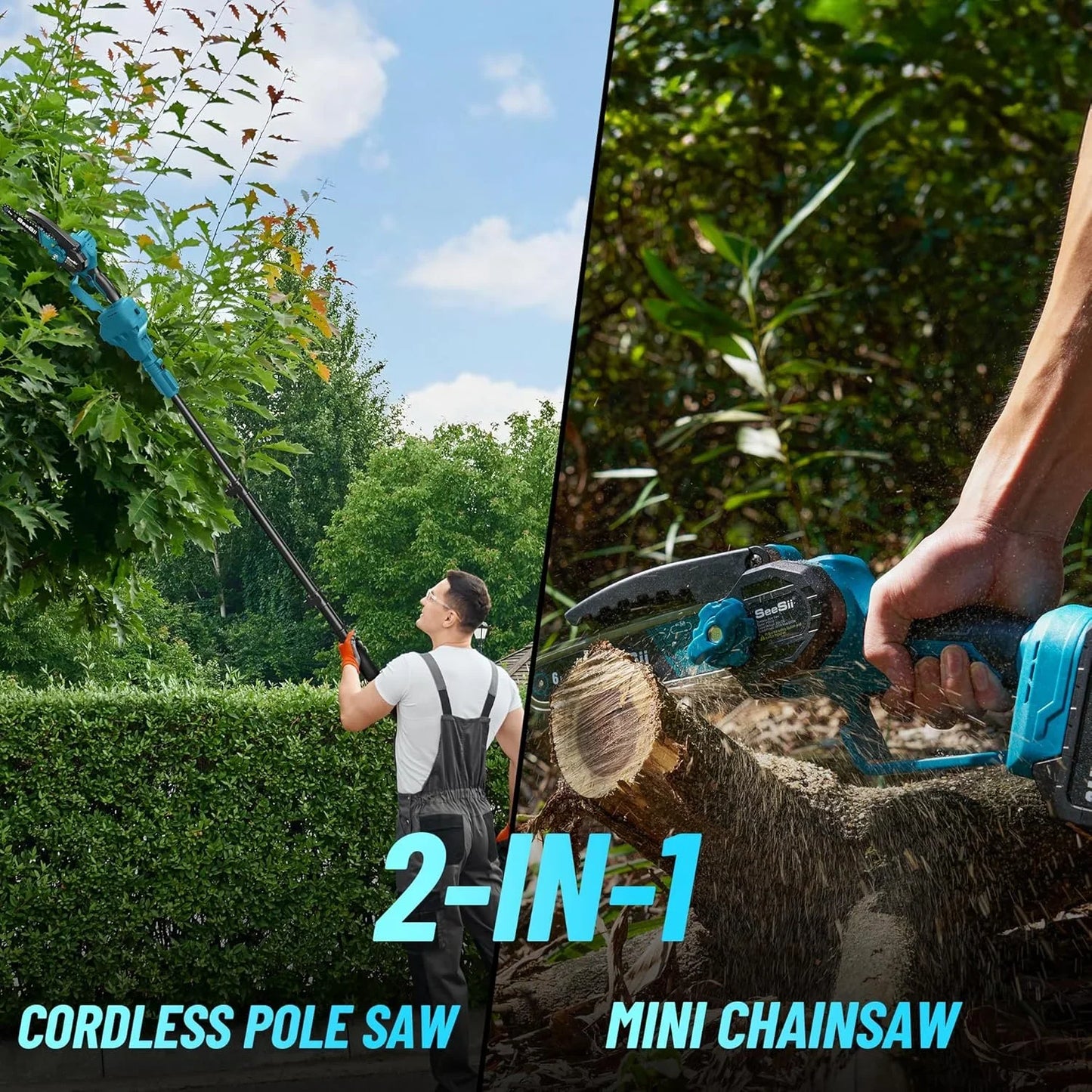 2-IN-1 Cordless Pole Saw & Mini Chainsaw, 6-Inch Brushless Chain Saw with 2x 2.0Ah Battery