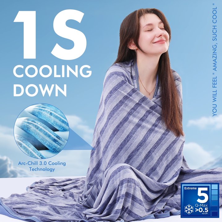 Aship Cooling Blanket Queen, Japanese Arc-Chill Cool Fiber Q Max 0.5 Lightweight Skin-Friendly Double-Sided Summer Blankets for Beds - Blue 79 x 86