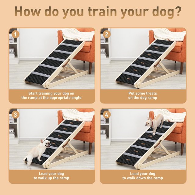 Wooden Adjustable Pet Ramp for All Dogs and Cats, Folding Dog Car Ramps for SUV, Bed, Couch