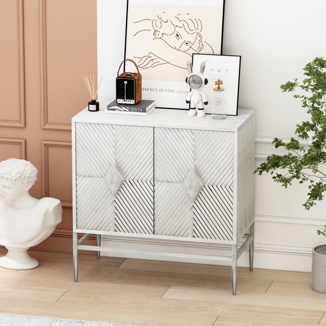 31.50 Modern 2 Door Wooden Storage Cabinet Accent Cabinet with Metal Leg Featuring Two Tier Storage, for Living Room, Entryway and Dining Room