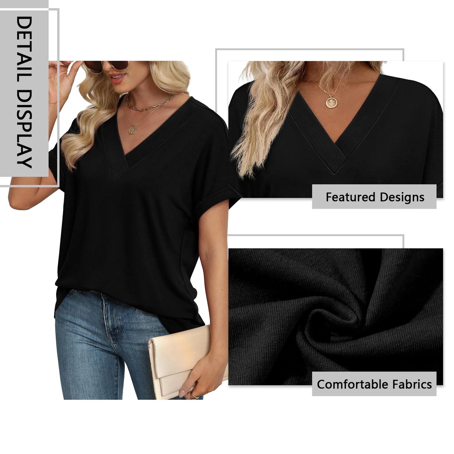 SHIBEVER Womens Tops Summer Short Sleeve Shirts for Women V Neck T Shirts for Women Black Casual Tunic Tops for Women Loose Fit L