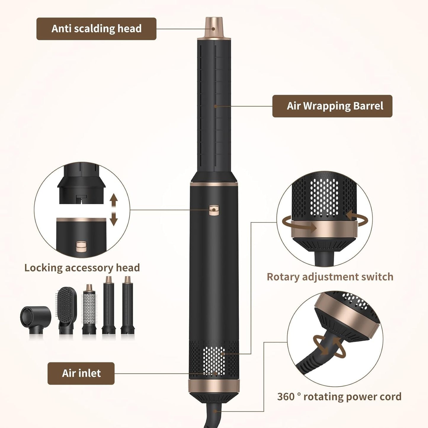 5 in 1 Hair Dryer Brush Hot Air Curling Brush Negative Ion Air Styler，Multi Function Blow Dryer Brush with Curling Wand, Straightening Brush, and Volumizing Hot Air Brush for All Hair Types（Black）