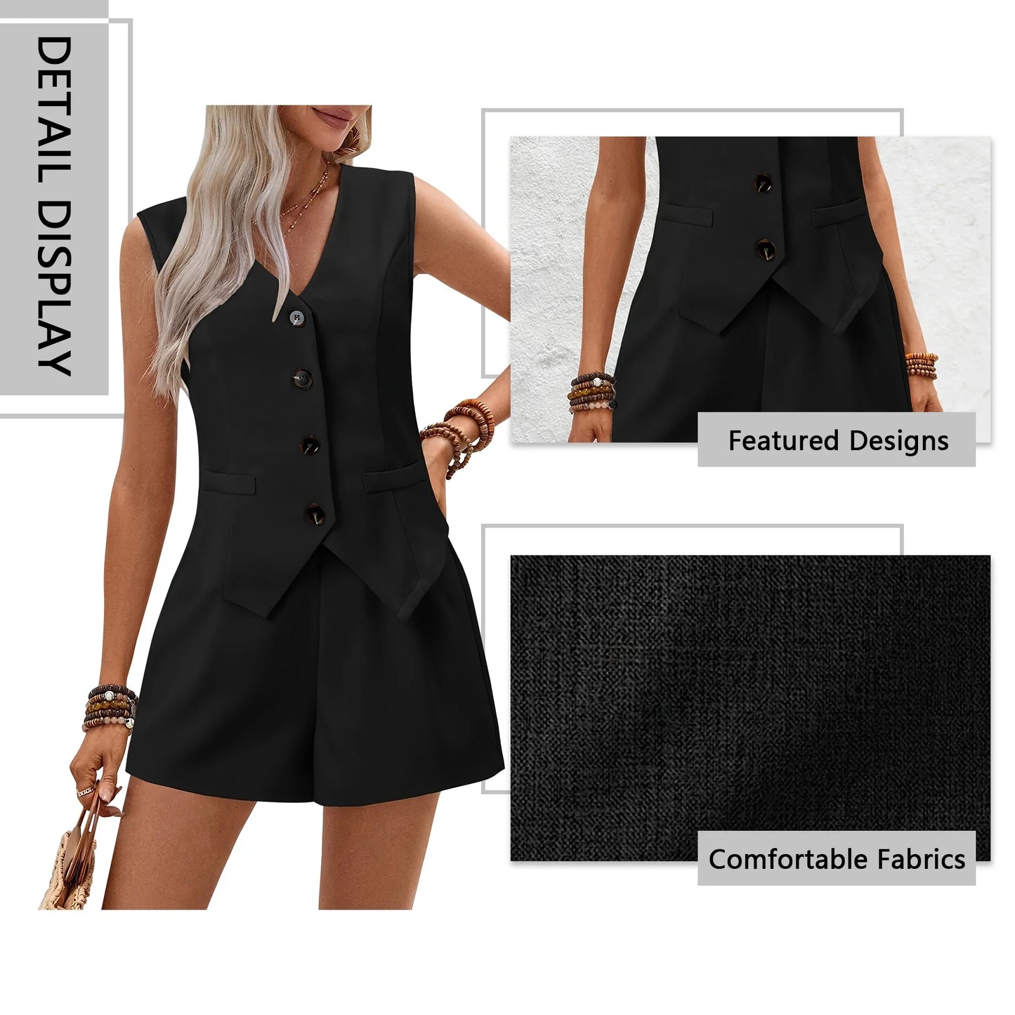 SHIBEVER Lounge Sets for Women Black Summer Casual Sleeveless 2pcs Sets Womens V Neck Dressy Vest Waistcoat with Pockets and Shorts Outfits Loungewear XL