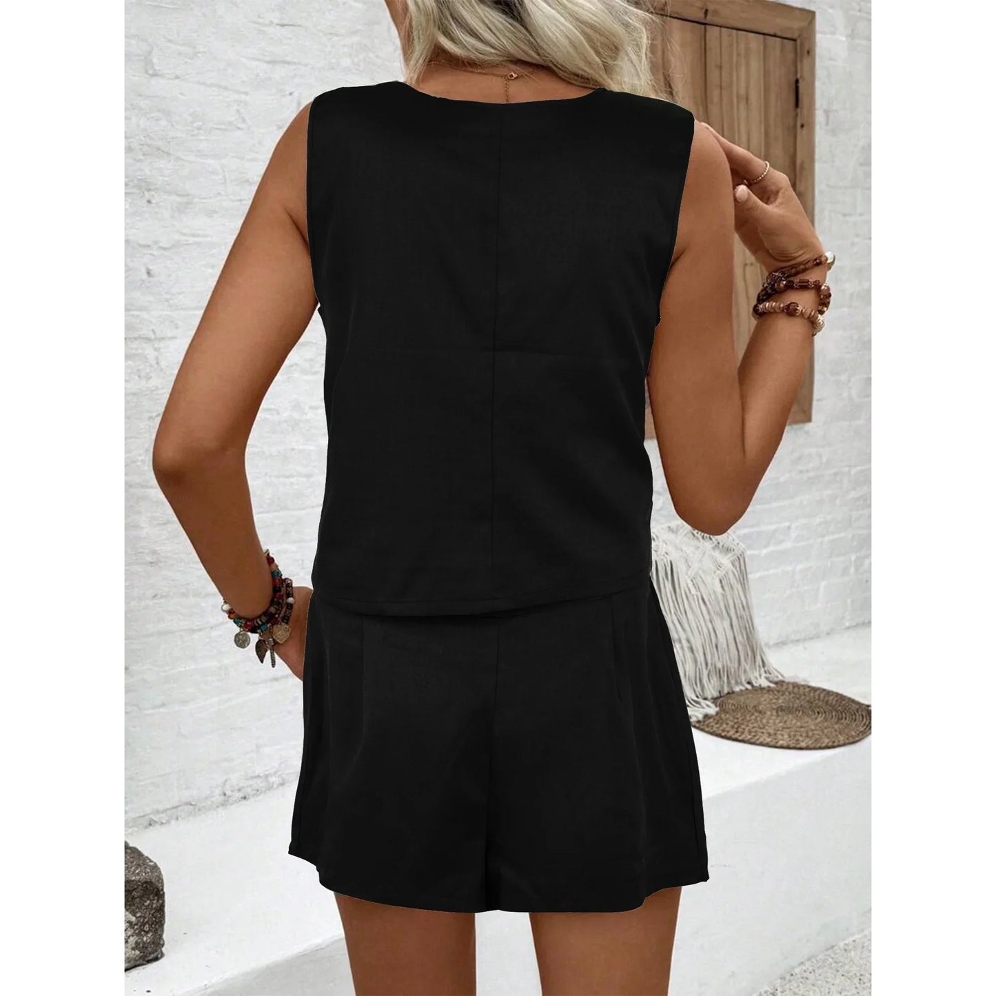 SHIBEVER Lounge Sets for Women Black Summer Casual Sleeveless 2pcs Sets Womens V Neck Dressy Vest Waistcoat with Pockets and Shorts Outfits Loungewear XL