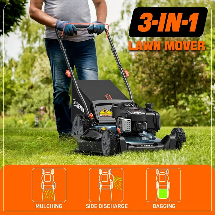 SENI 21 Gas Lawn Mower, 140cc 4 Cycle Made in USA Briggs  Stratton Engine Push Mower, 3 In 1, 6 Height Adjustments, 11 Rear Wheels, LSPG M7