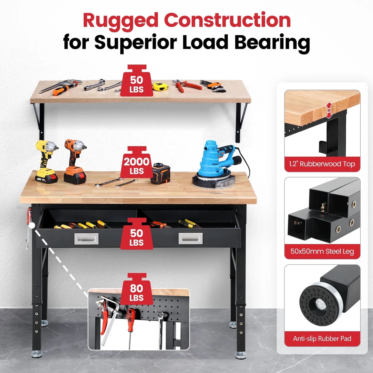 Workbench for Garage,ENJOYWOOD Heavy Duty 48 inch Wood Work Bench with Drawer and Wall Mounted Shelf,Rubber Wood Tabletop,2000 LBS Load Bearing Workstation Garage Desk Table Worktable