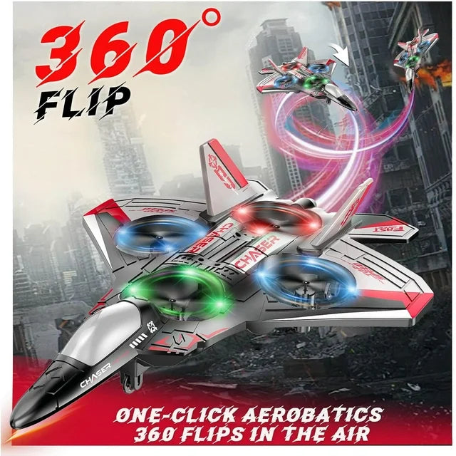 JoyStone Jet Fighter Stunt RC Airplane, 2.4 GHz RC Plane Toy with LED Lights & 360 Spin, Easy to Fly RC Glider for Kids Boys Girls Adults, Red