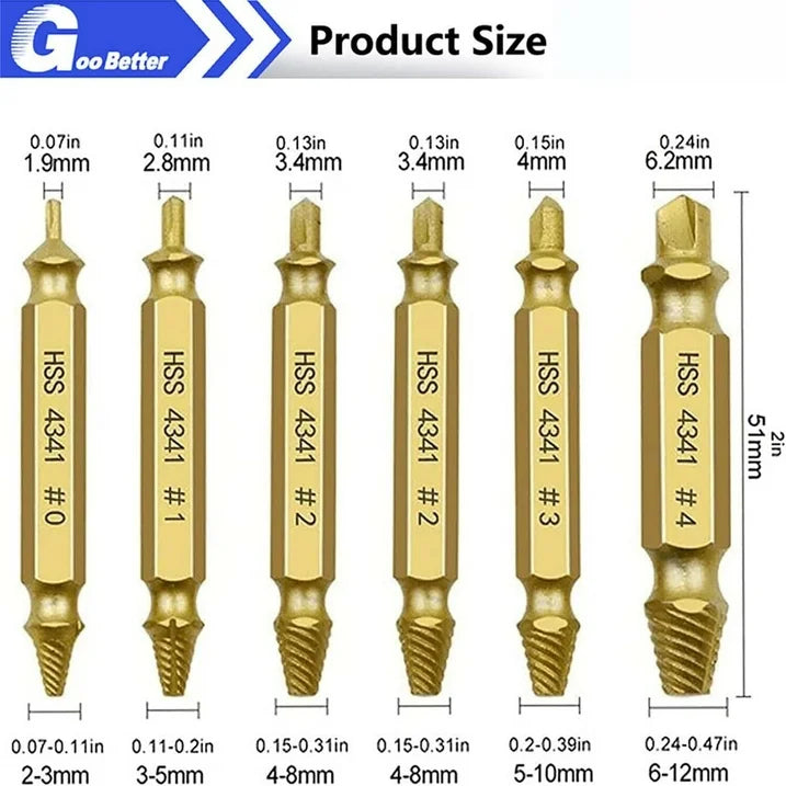 Goobeeper Professional Screw Extractor Kit 6Pcs | High Speed Steel Bolt & Screw Remover | Damaged Screw Drill Bit Set for Broken Bolts