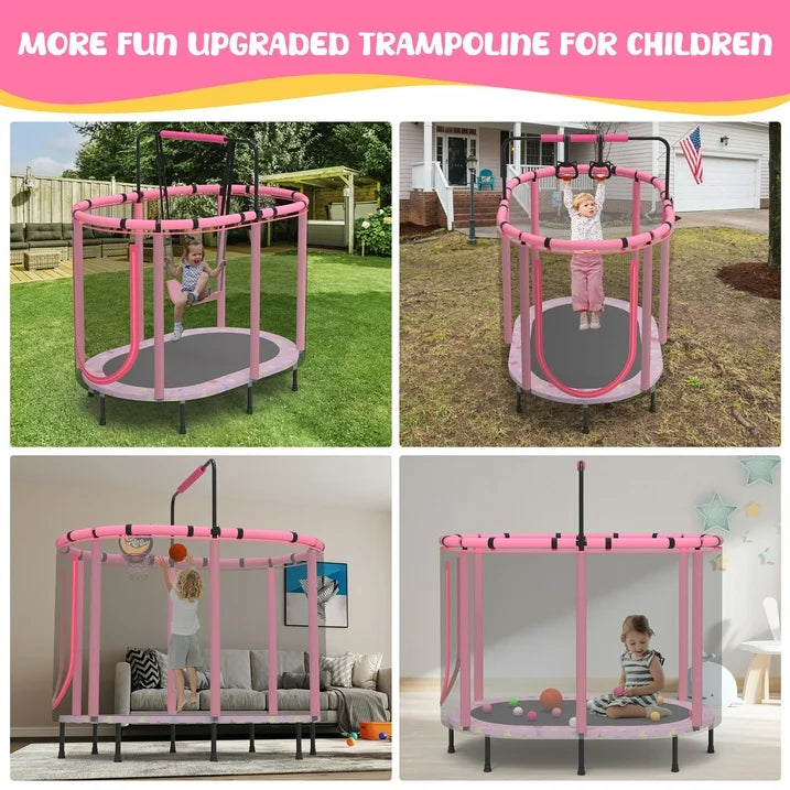 SHINPT 60 Toddler Trampoline Indoor, Mini Trampoline for Kids, Small Trampoline with Basketball Hoop and Swing,Baby Trampoline with Net, Kid Trampoline with Adjustable Gymnastics Bar