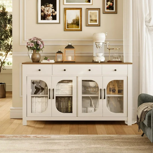 spanspace 55" Large Sideboard Buffet Cabinet with Storage, Buffet Table with 3 Drawers and 4 Glass Doors, Kitchen Buffet Storage Cabinet Coffee Bar Cabinet for Living Room,White